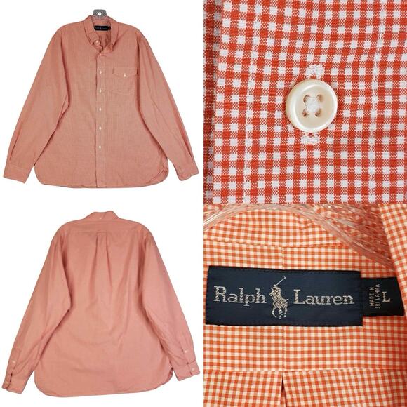Polo Ralph Lauren Oxford Shirt Mens Size Large Button Down Orange Gingham - Picture 1 of 10